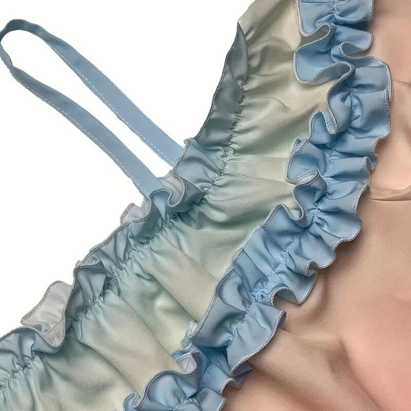 Women's Sexy Off Shoulder Ruffle Trendy Summer Fashion Color Gradient Long Sleeve Blouse