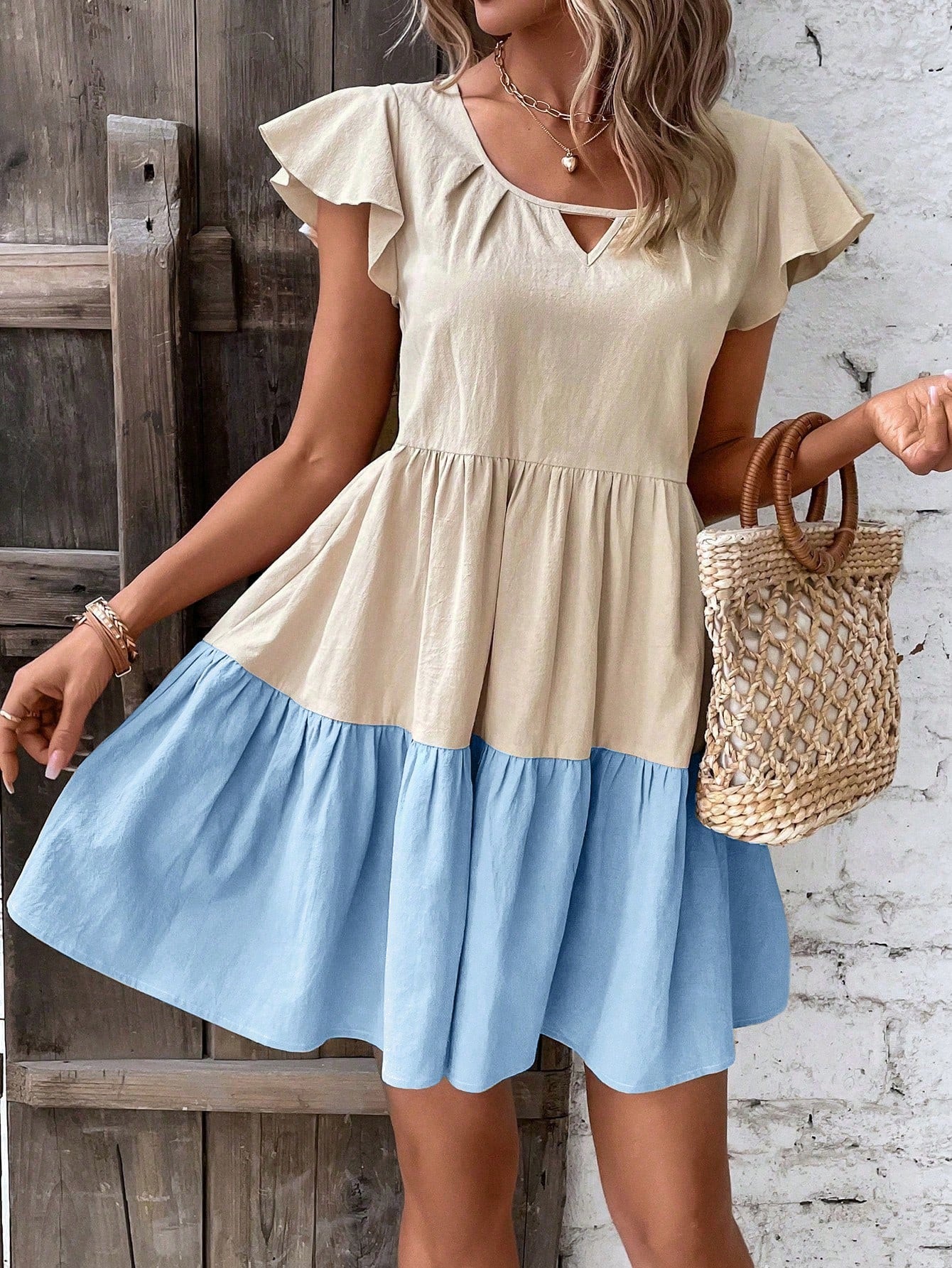 Colorblock Keyhole Neckline Ruffle Hem Smock Dress