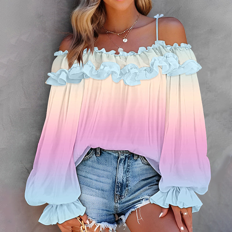 Women's Sexy Off Shoulder Ruffle Trendy Summer Fashion Color Gradient Long Sleeve Blouse