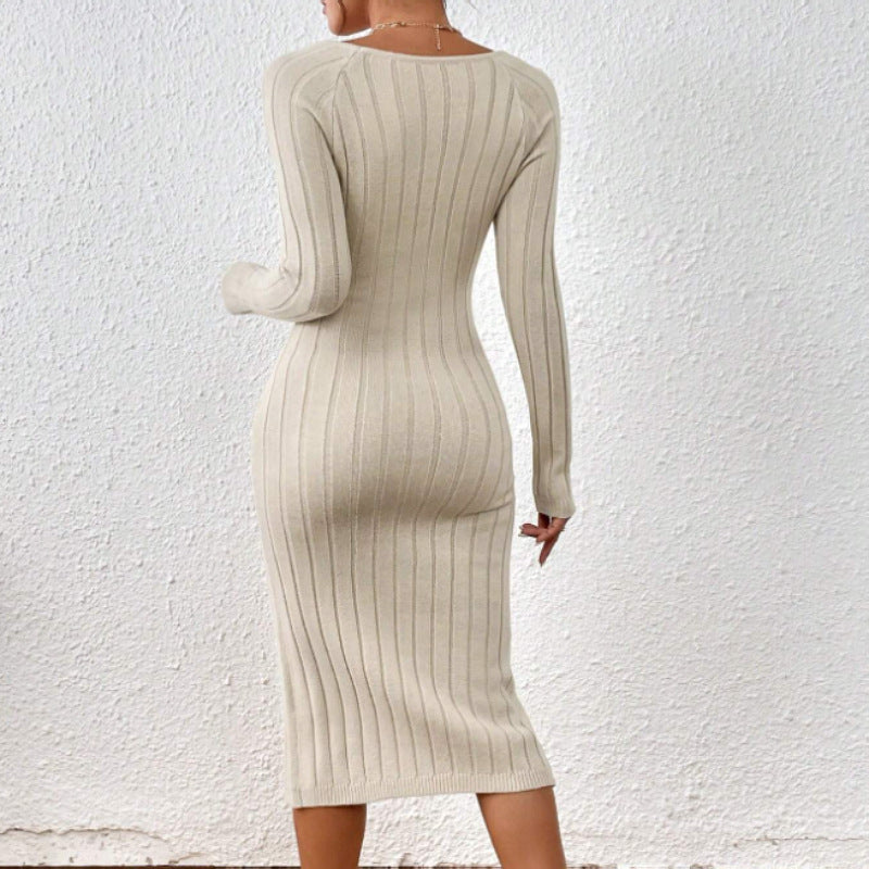 Square Collar Long Sleeve Knitted Dress Women